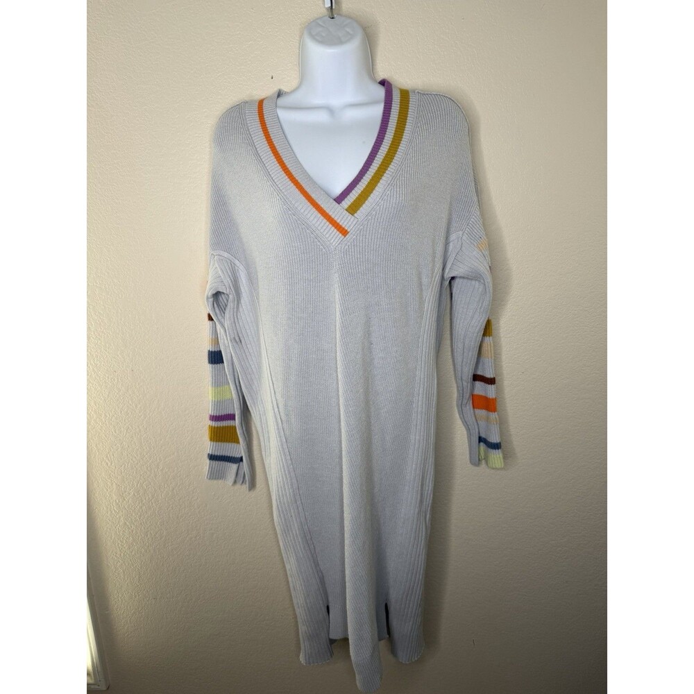Daily Practice Anthropologie V-Neck Sweater Dress Sz M Gray Stripe Preppy